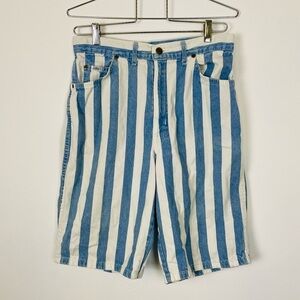 Vintage Chic High Waisted Mom Shorts, 1990s Striped Denim Shorts, Modest Shorts